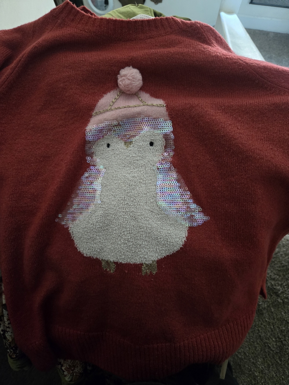 Cozy Red Penguin Sequin Pom-Pom Sweater